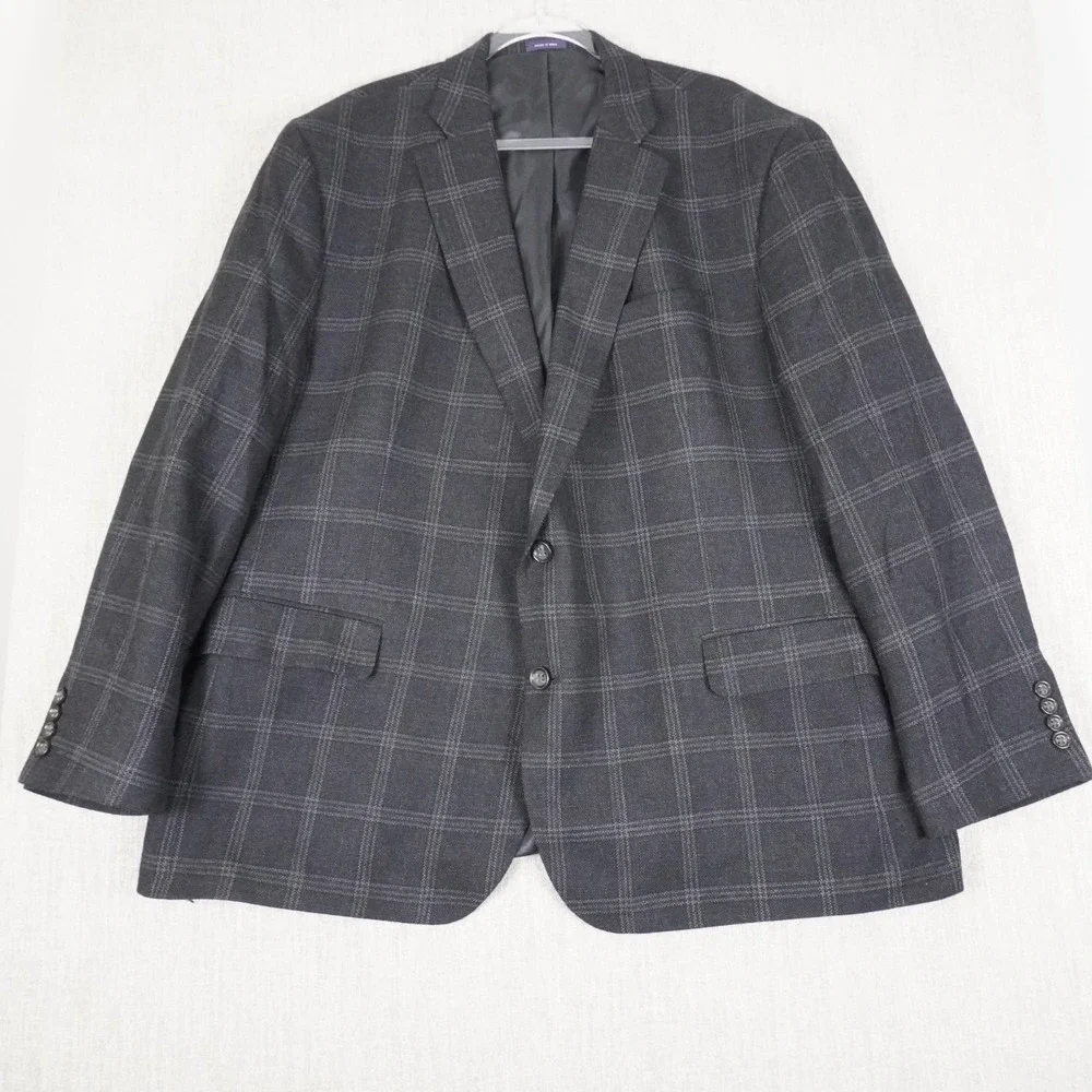 Stafford Mens 52R Classic Fit Sport Coat Merino Wool Glen Plaid Black Blazer - Picture 2 of 12